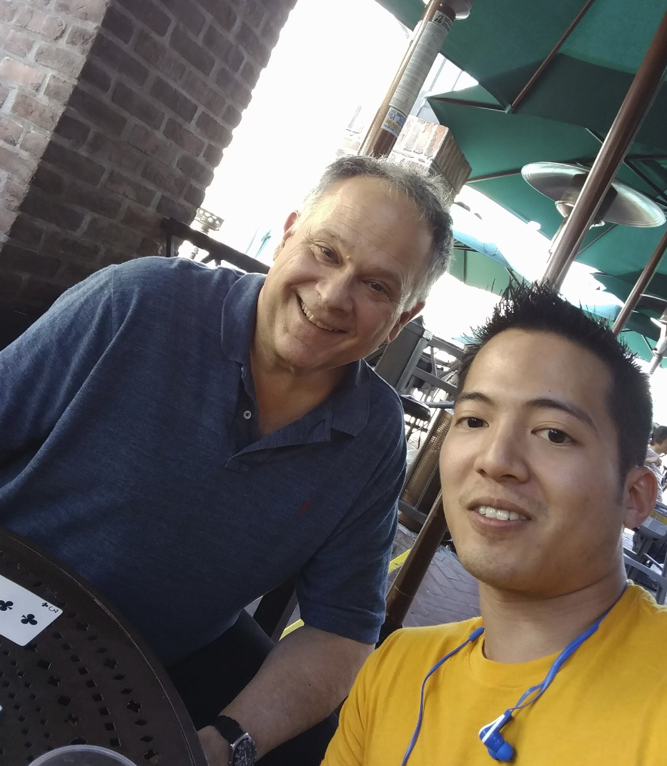 Selfie with Jeff while playing cards at Urth Cafe in Los Angeles