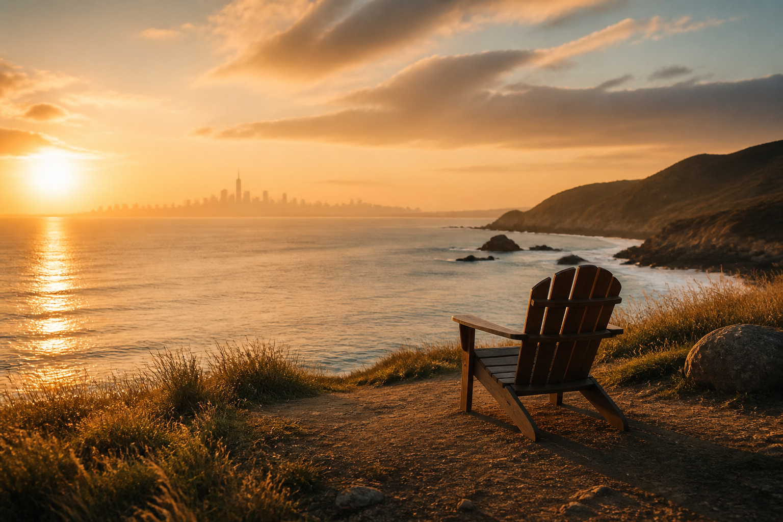 A wooden chair overlooking a calm coastline at sunset, with a distant city skyline faintly visible on the horizon.